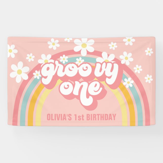Lona Cumpleaños Retro Rainbow Groovy Uno 1 (Horizontal)