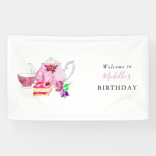 Lona Cumpleaños Tea Fiesta Bienvenida Watercolor Floral