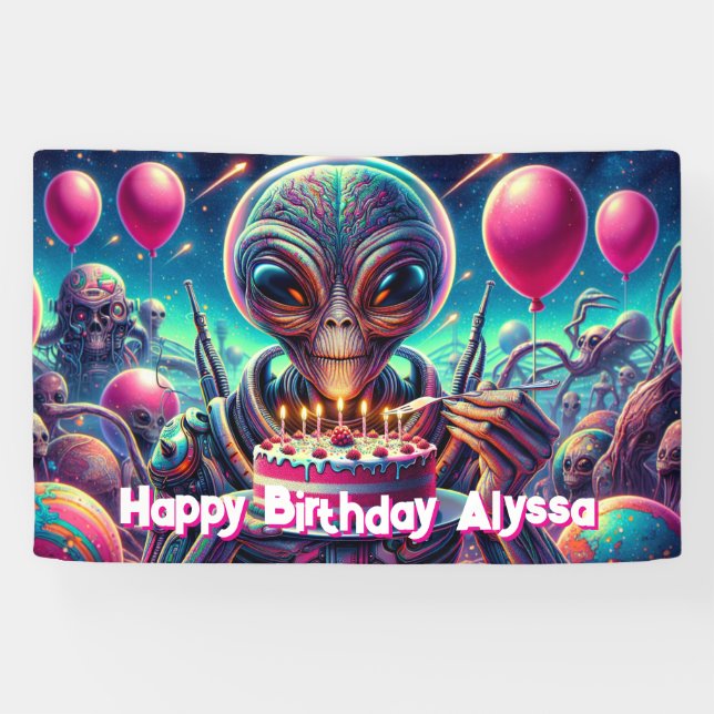 Lona Cumpleaños | Tema alienígena personalizado (Horizontal)