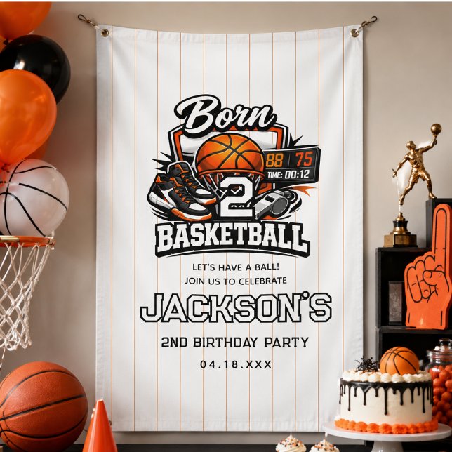 Lona Cumpleaños Temático de Baloncesto para Niño de 2 A (Born 2 Basketball Sports Themed Boy 2nd Birthday Banner)