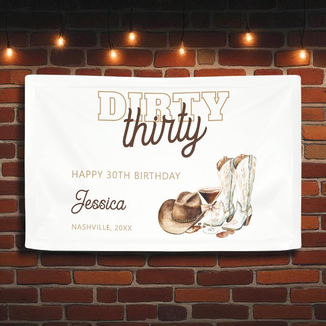 Lona Cumpleaños treinta sucio estilo occidental blanco (Western Country White Dirty Thirty 30th Birthday Banner)