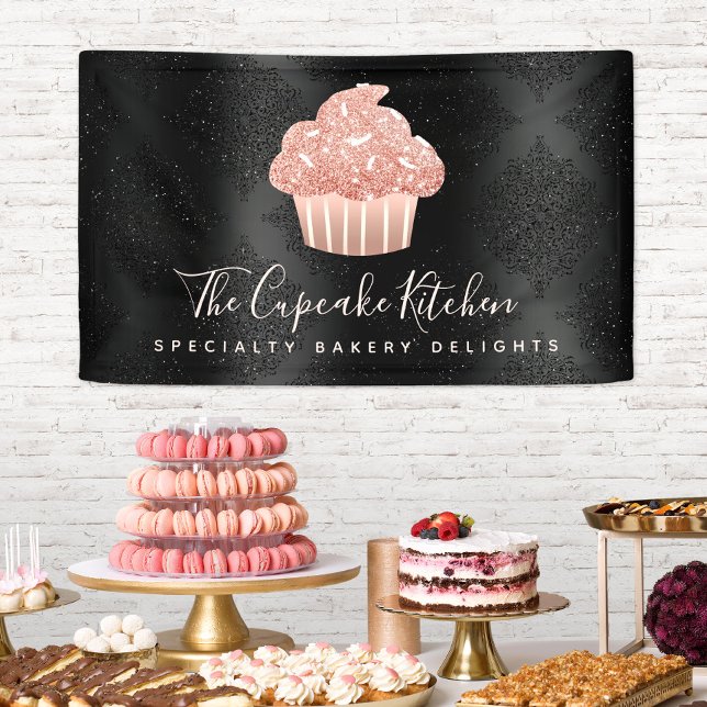 Lona Cupcake de Glitter Rosa Dorado Negocio Damask Bake (Subido por el creador)