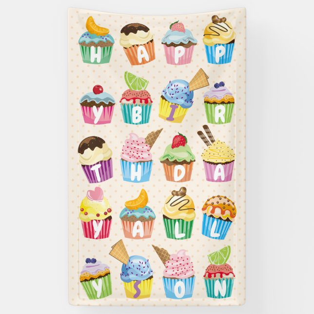 Lona Cupcakes Happy Birday Añade tu nombre a los dulces (Vertical)