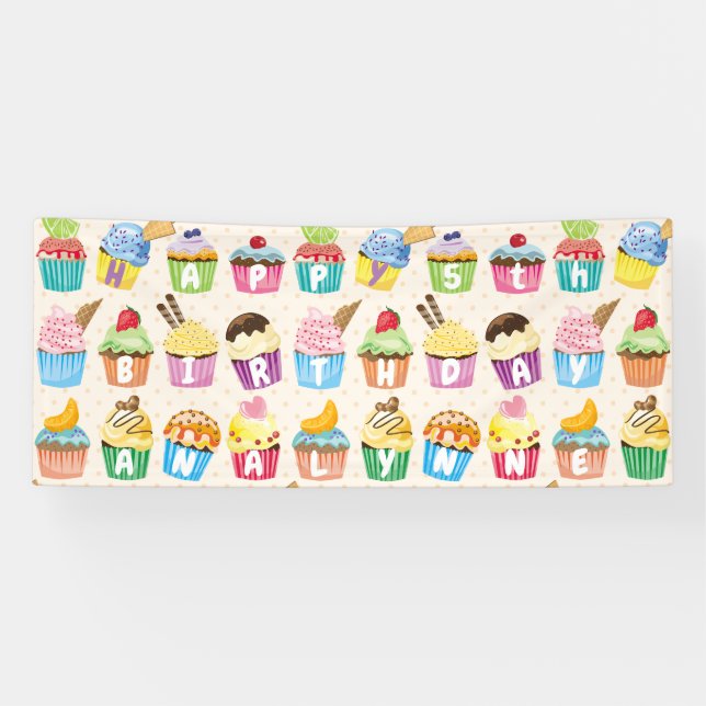 Lona Cupcakes Happy Birday Añade tu nombre a los dulces (Horizontal)