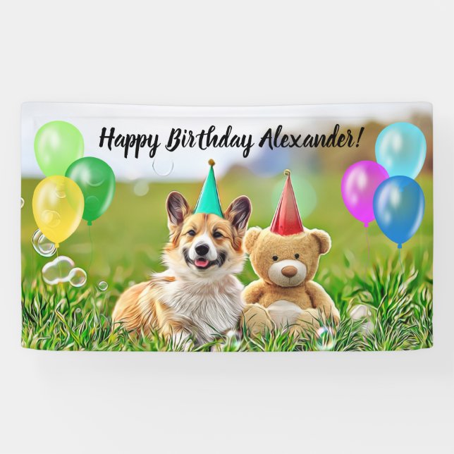 Lona Curioso Corgi Balloons Banner de Fiesta del cumple (Horizontal)