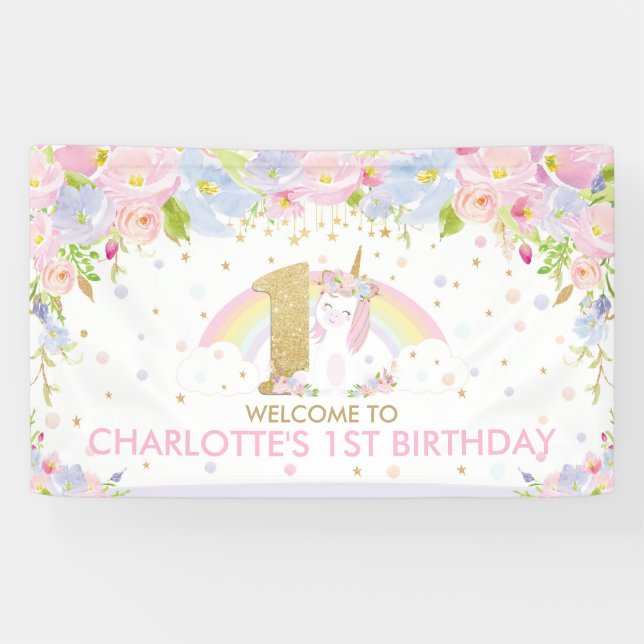Lona Curte Rainbow Unicornio Primer cumpleaños (Horizontal)