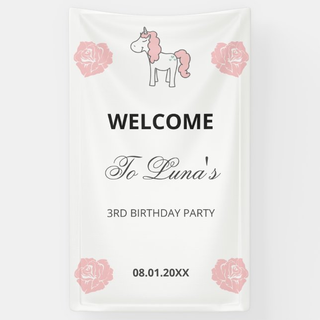 Lona Custom Unicorn Cute Pink Birthday Party Welcome (Vertical)