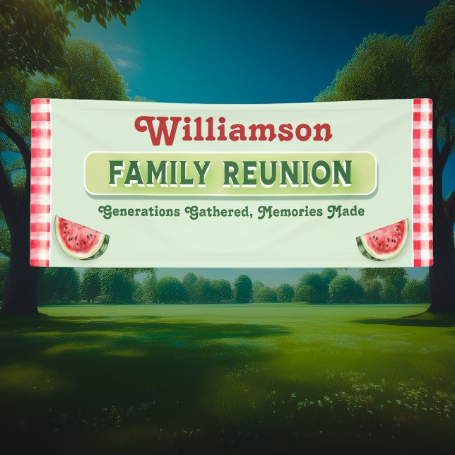 Lona Custom Watermelon Picnic Barbecue Family Reunion (Celebrate in style with this custom family reunion banner – red plaid, watermelon, park-ready fun!)
