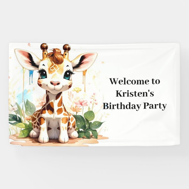Lona Cute acuarela Giraffe Personalizado Cumpleaños (Horizontal)