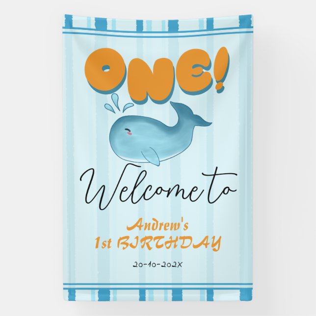 Lona Cute Baby Blue Whale 1st Birthday Welcome (Vertical)