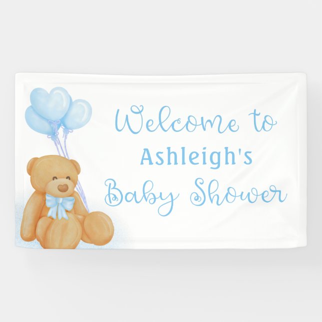 Lona Cute Baby Shower Teddy Bear Blue Heart Balloons (Horizontal)