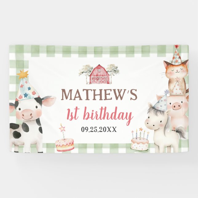Lona Cute Barnyard Farm Animals 1st Birthday Banner (Horizontal)