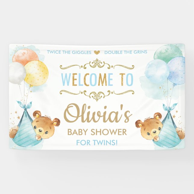 Lona Cute Bears Twins Boys Bienvenida Baby Shower (Horizontal)