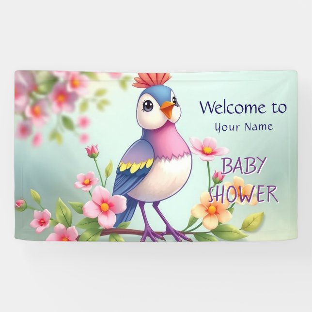 Lona Cute Blue Pink Bird Floral Baby Shower Banner (Horizontal)