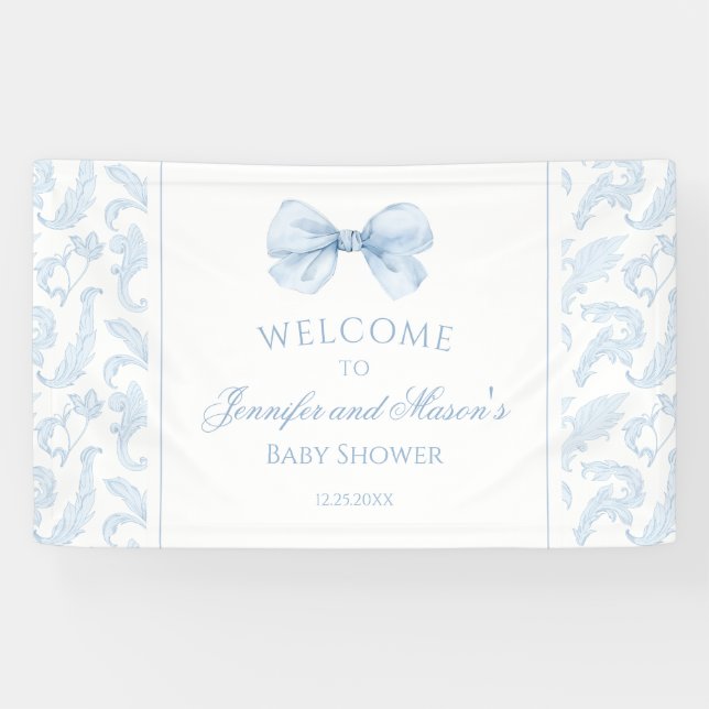 Lona Cute Blue Toile Bow Baby Boy Shower Welcome Banner (Horizontal)