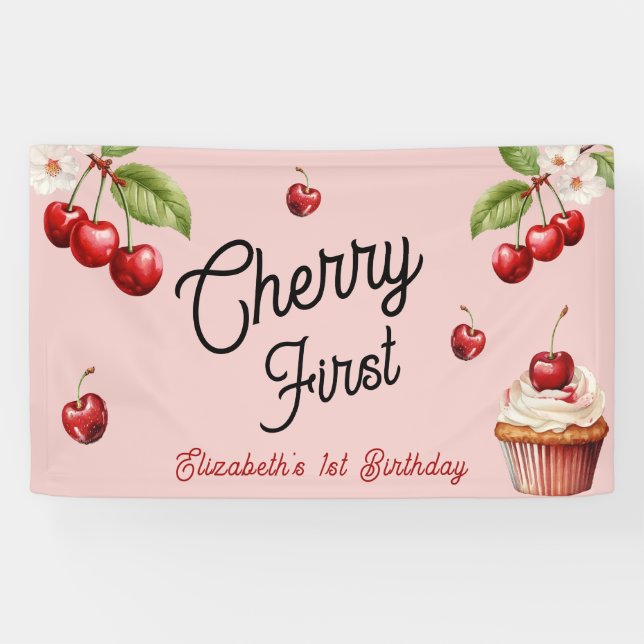 Lona Cute Cherry First Girly Cumpleaños Rosa (Horizontal)