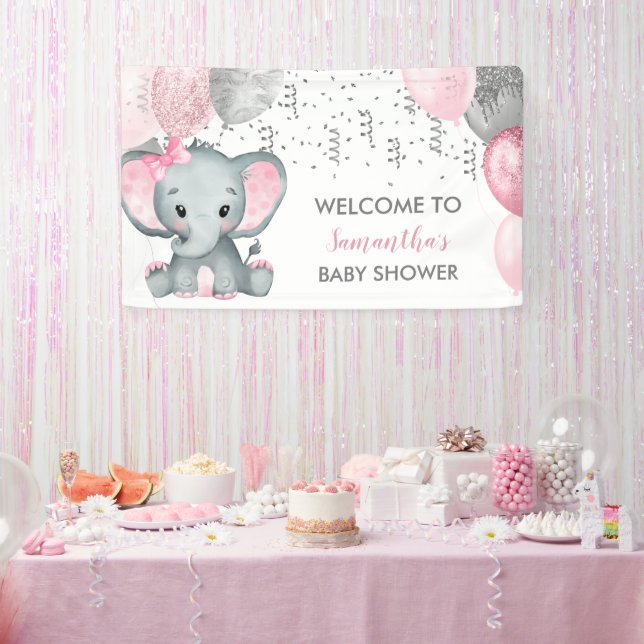 Lona Cute Chica Elephant Balloons Baby Shower (Fiesta)