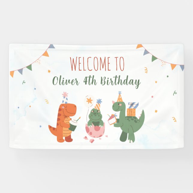 Lona Cute Dinosaur T-Rex 4th Birthday Party Sign Banner (Horizontal)
