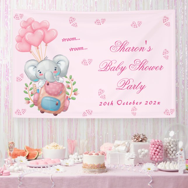 Lona Cute Elephant amd Pink Balloon Baby Shower (Fiesta)