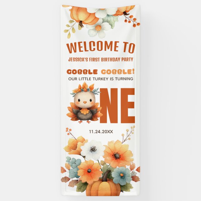 Lona Cute Fall Turkey Thanksgiving 1st Birthday Welcome (Vertical)