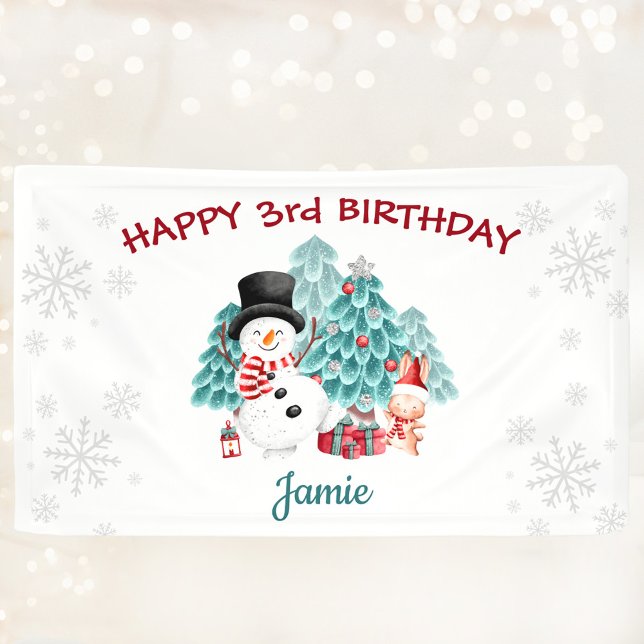 Lona Cute feliz fiesta de cumpleaños de Navidades de Sn (Cute Happy Snowman Christmas Birthday Party Banner)