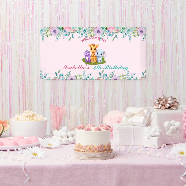 Lona Cute Floral Hippo selva safari Animales Cumpleaños (Fiesta)