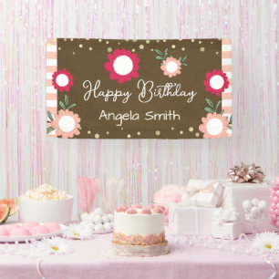 Lona Cute Floral Rosa Cumpleaños Niña Falso Kraft