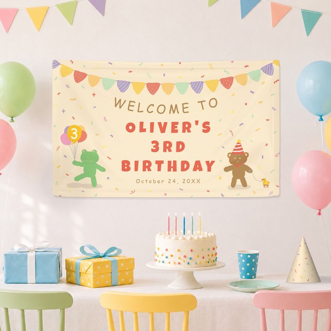 Lona Cute Frog & Bear Cumpleaños Banner (Adorable frog and bear 3rd birthday banner, fully customizable for your party.)