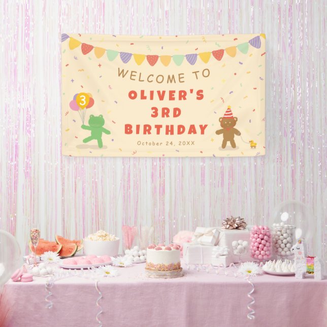 Lona Cute Frog & Bear Cumpleaños Banner (Fiesta)