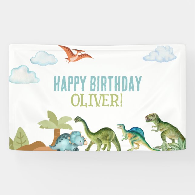 Lona Cute Funny Dinosaur Happy Birthday Sign Banners (Horizontal)