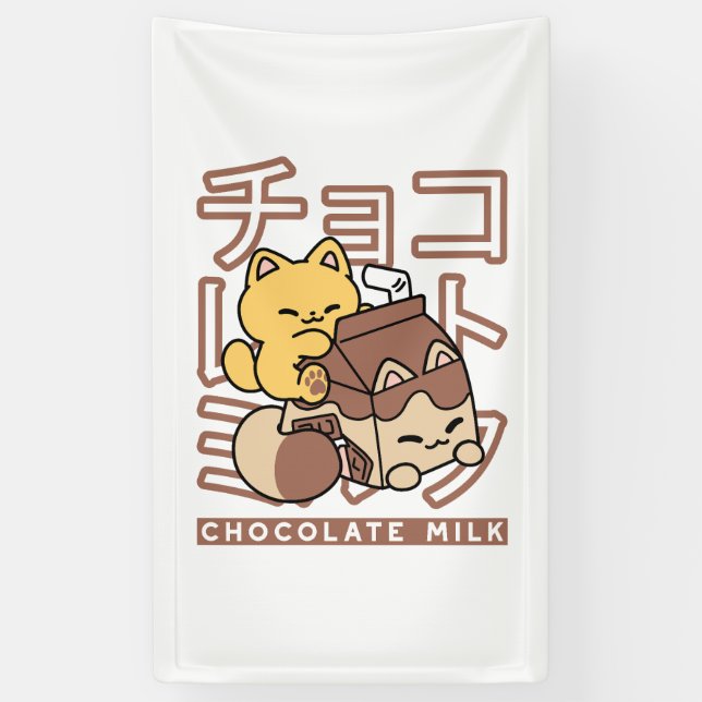 Lona Cute gato montando leche de chocolate Carton Kawai (Vertical)