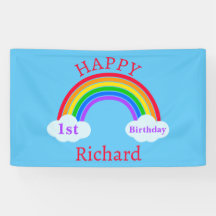 Cute Happy 1er cumpleaños nubes arcoiris azul