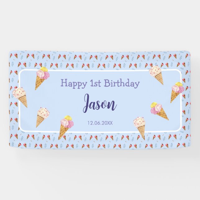 Lona Cute Ice Cream Cone Blue Kids Boy Cumpleaños (Horizontal)