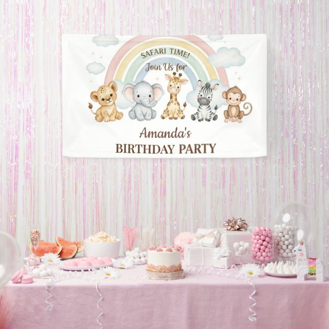 Lona Cute Jungle Safari Animals Birthday Banner (Fiesta)
