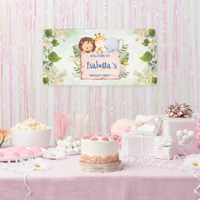 Lona Cute Lion Giraffe Flor tropical Fiesta de cumpleañ (Fiesta)