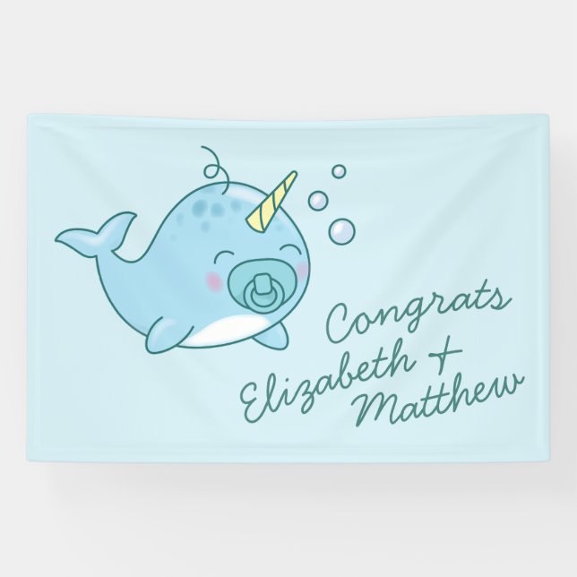 Lona Cute Narwhal Baby Shower Kawaii Blue Boy (Horizontal)