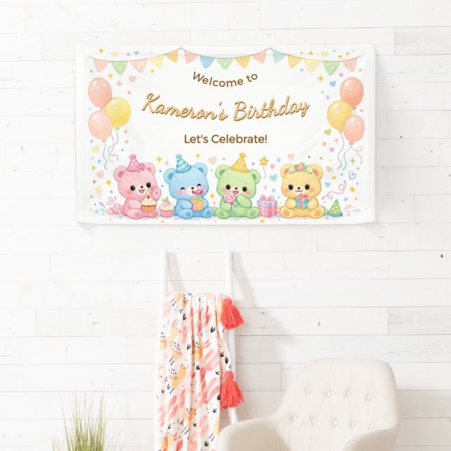 Lona Cute Pastel Ositos Cumpleaños Fiesta Neutral (In situ)