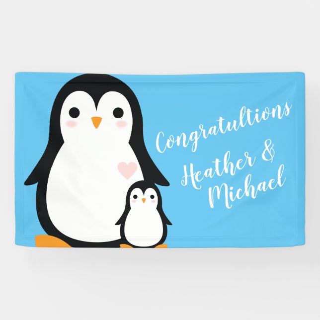 Lona Cute pingüino Baby Shower Blue Boy (Horizontal)