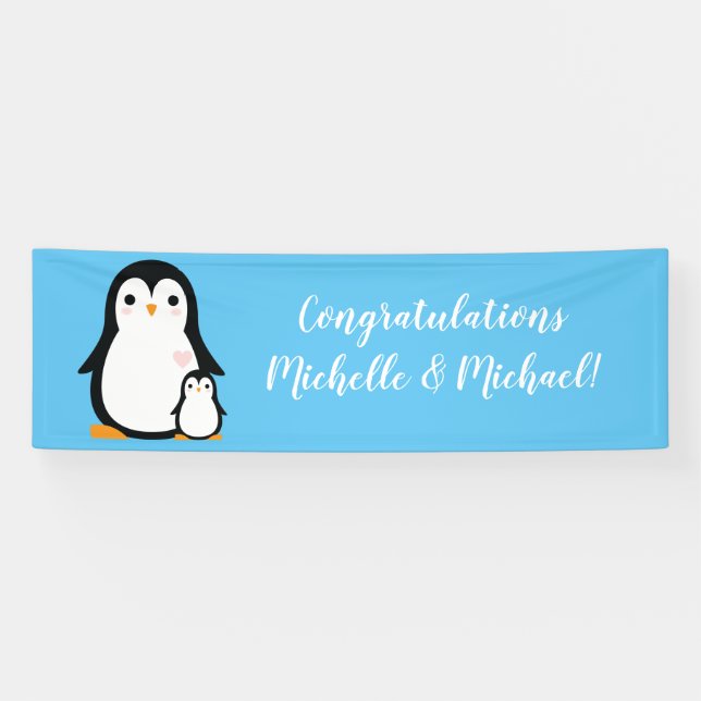 Lona Cute pingüino Baby Shower Blue Boy (Horizontal)