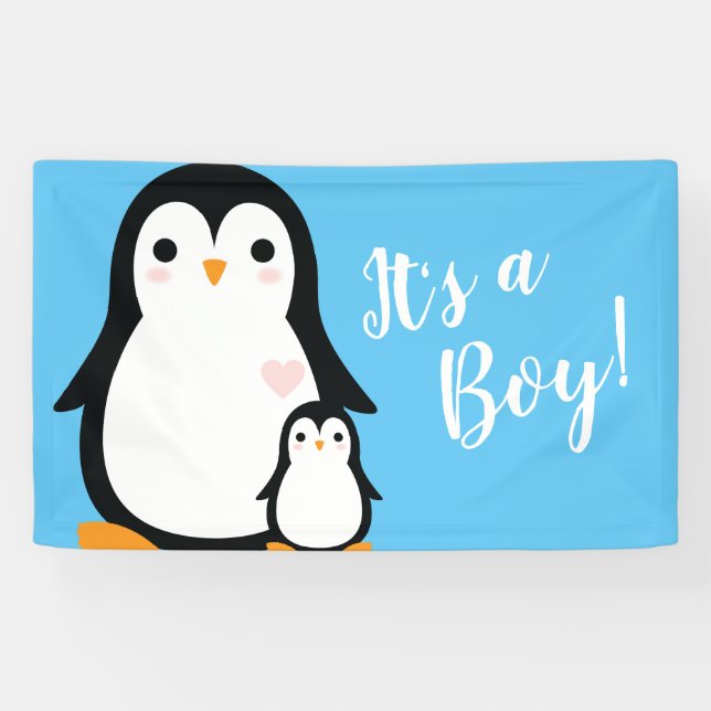 Lona Cute pingüino Baby Shower Blue Boy (Horizontal)