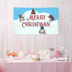 Lona Cute pingüino Feliz Navidad bola de nieve