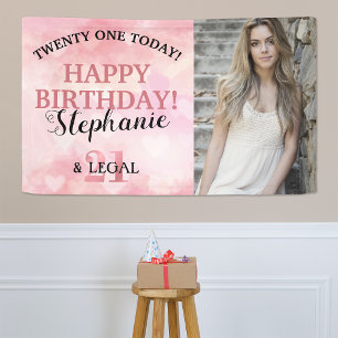 Lona Cute Pink Heart Cumpleaños 21 & Legal Foto Banner