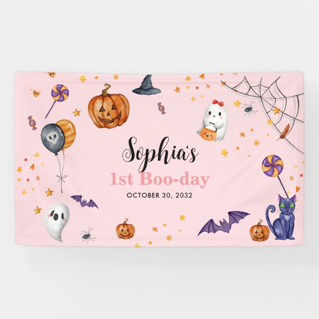 Lona Cute Pink Spooky Halloween Niños Cumpleaños (Horizontal)