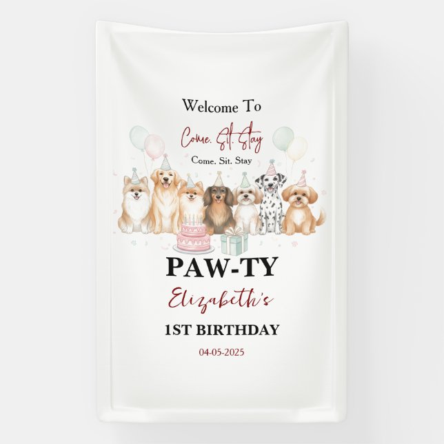 Lona Cute Puppy Dog Boy 1st Birthday | Pawty Time First (Vertical)