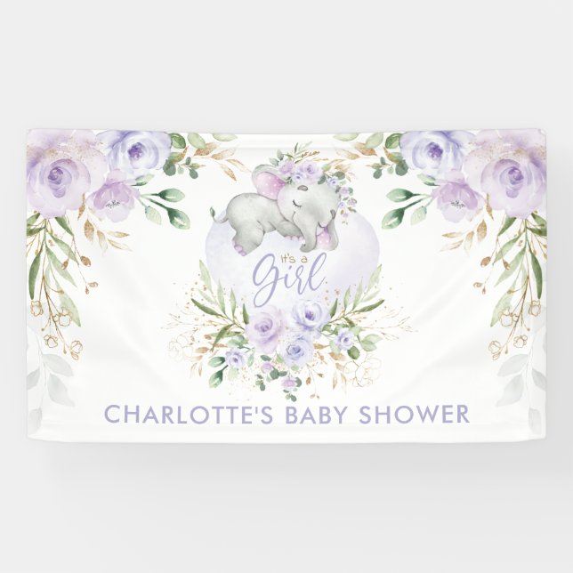 Lona Cute Purple Gold Lilac Floral Elephant Baby Shower (Horizontal)