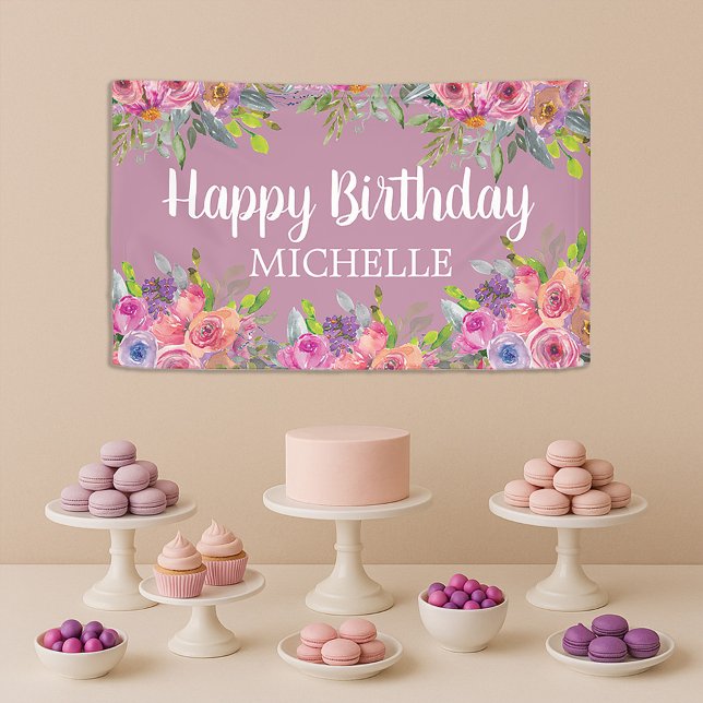 Lona Cute Purple Pink Floral Happy Birday Name (Pretty purple and pink watercolor floral birthday party banner)