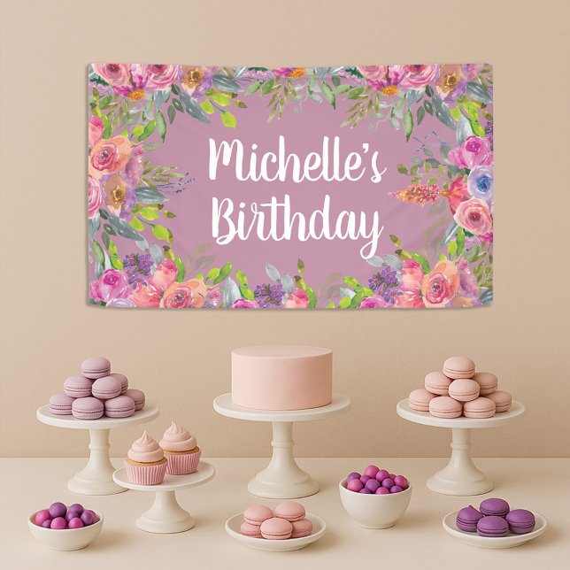 Lona Cute rosa morado acuarela Floral cumpleaños (Elegant purple and pink watercolor wildflowers birthday party banner)