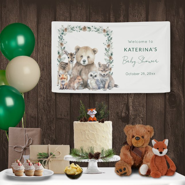Lona Cute Rustic Woodland Animals Baby Shower (This 3x5 foot banner is perfect for a rustic, woodland baby shower)