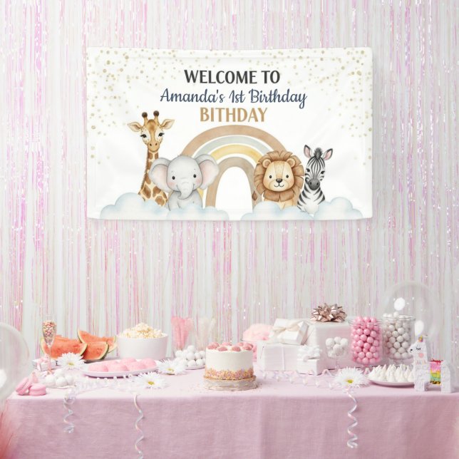 Lona Cute Safari Animals 1st Birthday Banner (Fiesta)