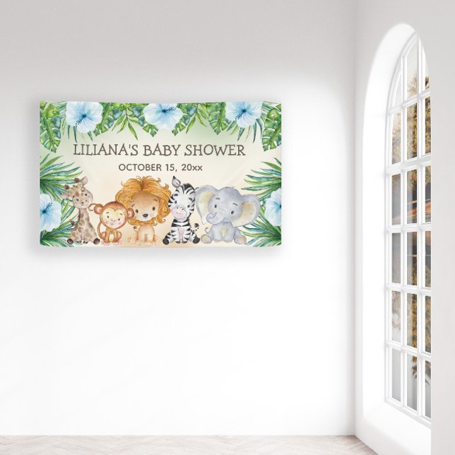 Lona Cute Safari Jungle Animals Boy Baby Shower (Jungle safari baby shower banner)